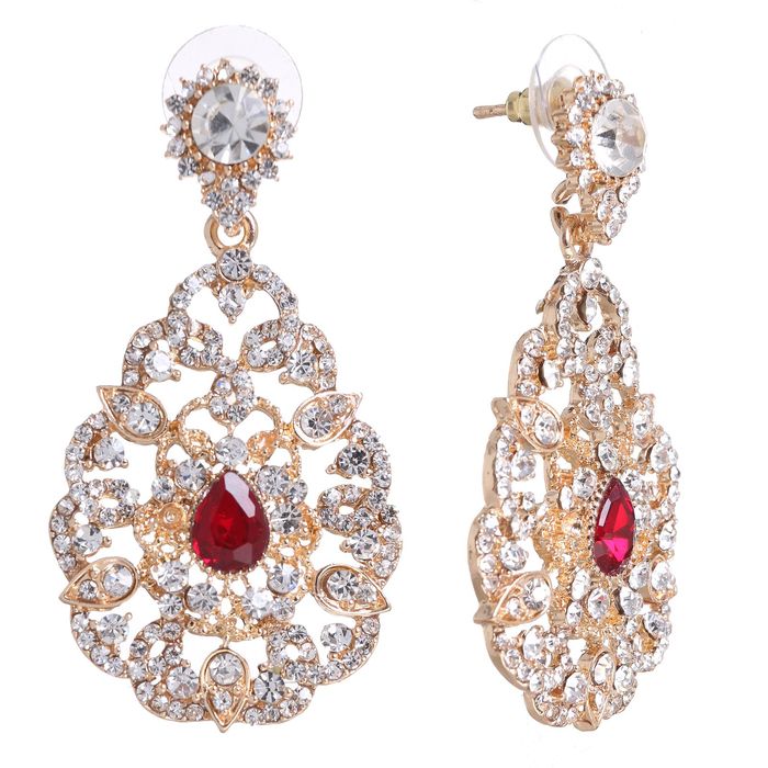 Серьги висячие со стразами "Капля" вечернее настроение, цвет бело-красный в золоте