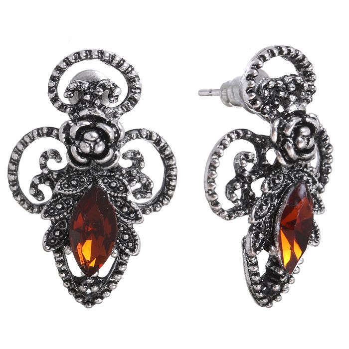 Серьги со стразами "Цветок" роза ажур, цвет коричневый в чернёном серебре