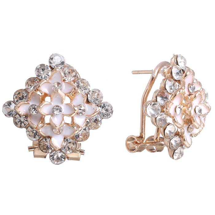 Серьги эмаль "Цветочный букет" ромб, цвет бело-розовый в золоте