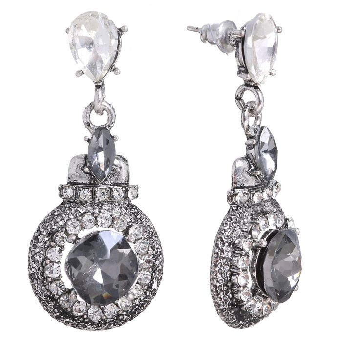 Серьги со стразами "Капля с кругом", цвет серо-белый в чернёном серебре