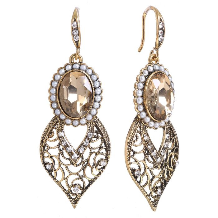 Серьги со стразами "Изыск" ажурный, цвет бело-золотой в чернёном золоте