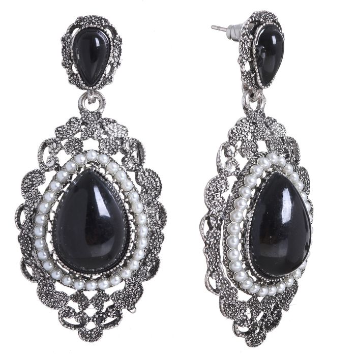 Серьги висячие со стразами "Эллипс" ажурный, цвет чёрно-белый в чернёном серебре
