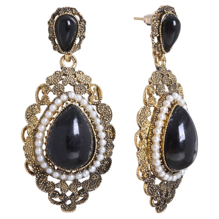 Серьги висячие со стразами "Эллипс" ажурный, цвет чёрно-белый в чернёном золоте