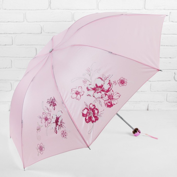 Зонт механический "Цветы", R=48см, цвет розовый