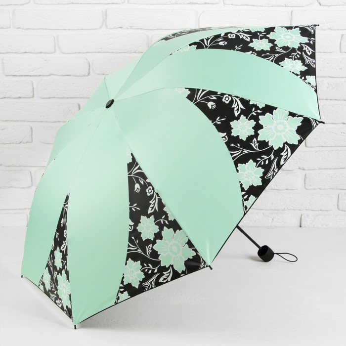 Зонт механический "Цветочный орнамент", R=55см, цвет мятный/чёрный