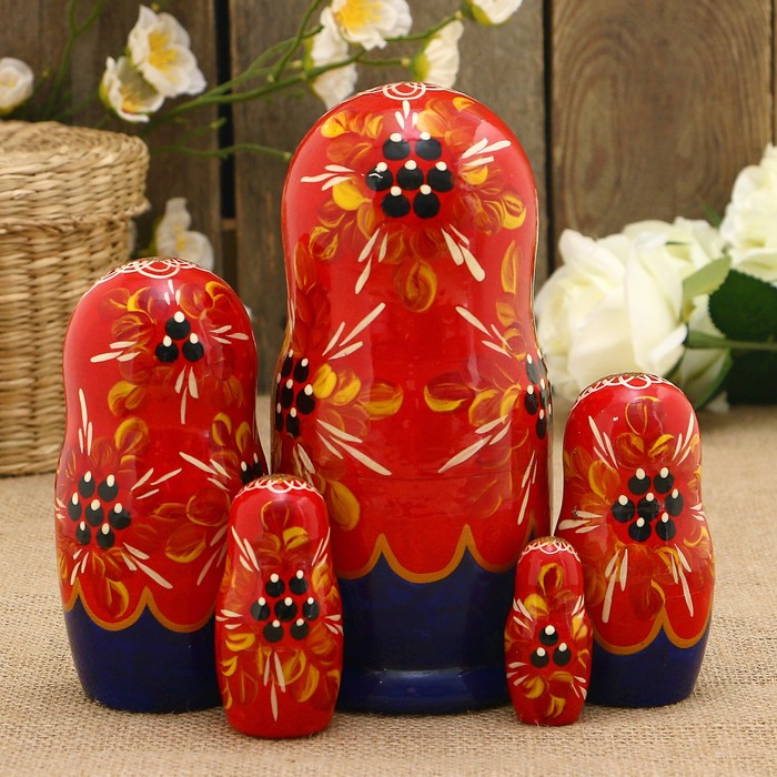 Матрёшка «Снегири», красный платок, 5 кукольная, 15 см, люкс