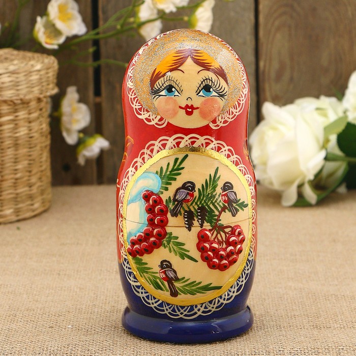 Матрёшка «Снегири», красный платок, 5 кукольная, 15 см, люкс