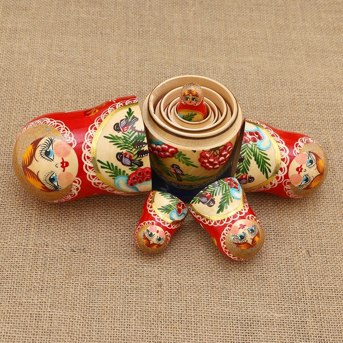 Матрёшка «Снегири», красный платок, 5 кукольная, 15 см, люкс