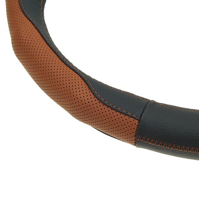 Оплетка TORSO, натуральная кожа, размер 38 см, перфорированная вставка, черно-коричневый