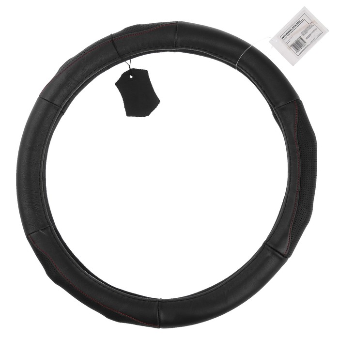 Оплетка TORSO, размер 38 см, натуральная кожа, черный, перфорированная рельефная вставка