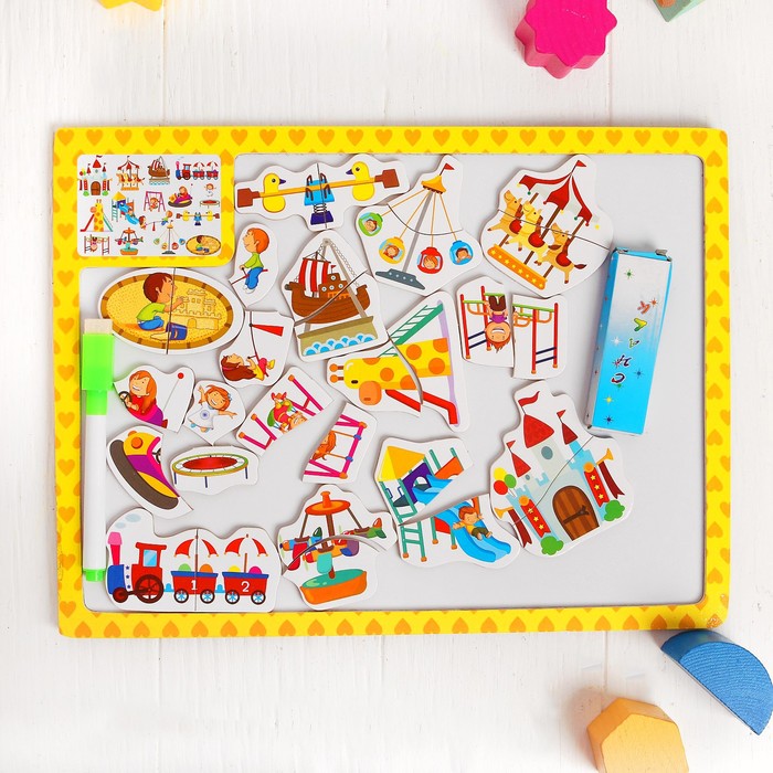 Конструктор магнитный двусторонний "Парк развлечений", 2 мелка и маркер в комплекте