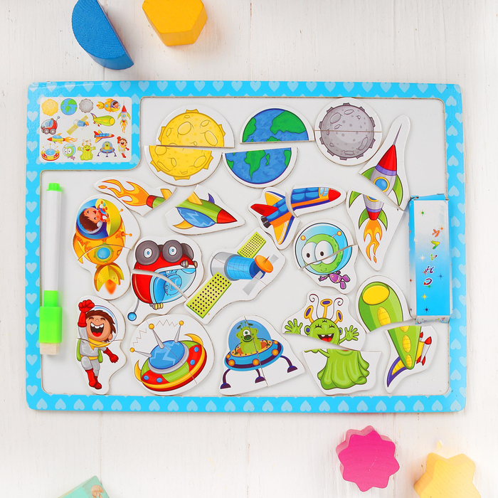 Конструктор магнитный двусторонний "Космос", 2 мелка и маркер в комплекте