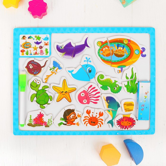 Конструктор магнитный двусторонний "Море", 2 мелка и маркер в комплекте