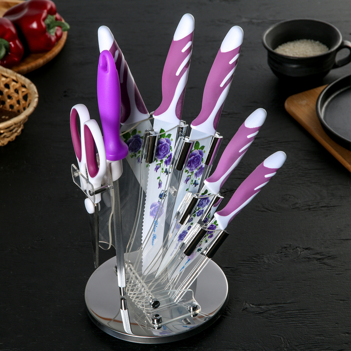 Набор кухонный "Вайолет", 7 предметов: 5 ножей с антиналипающим покрытием, лезвие 9/13/21/21/21 см, ножницы, мусат
