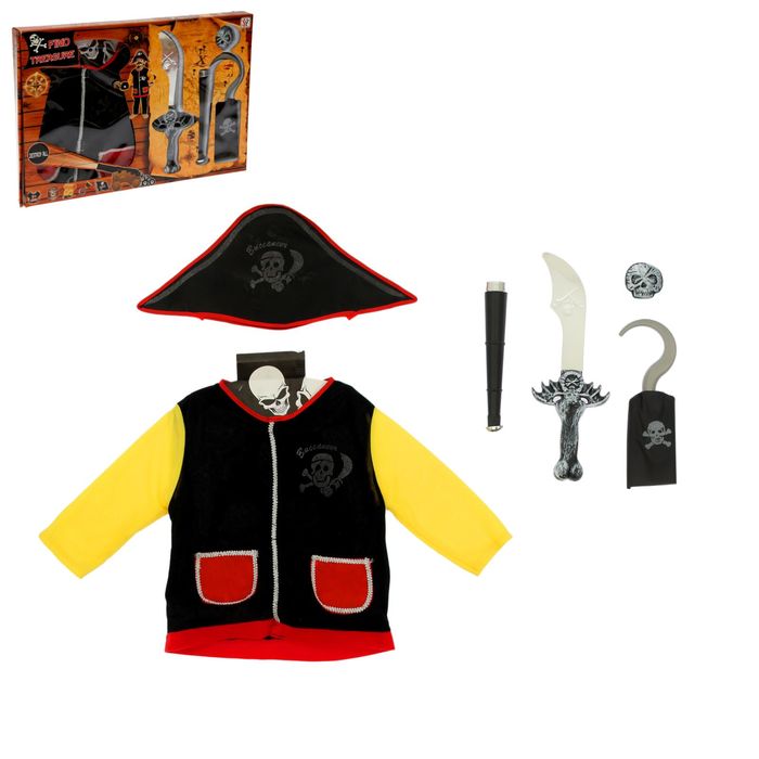 Набор пирата: жилет, шляпа, наглазник, крюк, подзорная труба, сабля