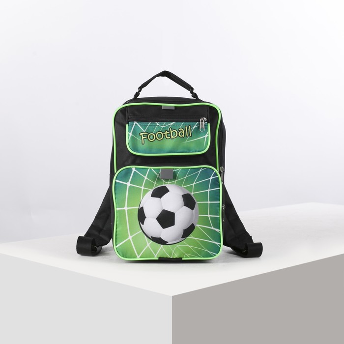 Рюкзак школьный на молнии, 2 отдела, 2 наружных кармана, цвет чёрный/зелёный