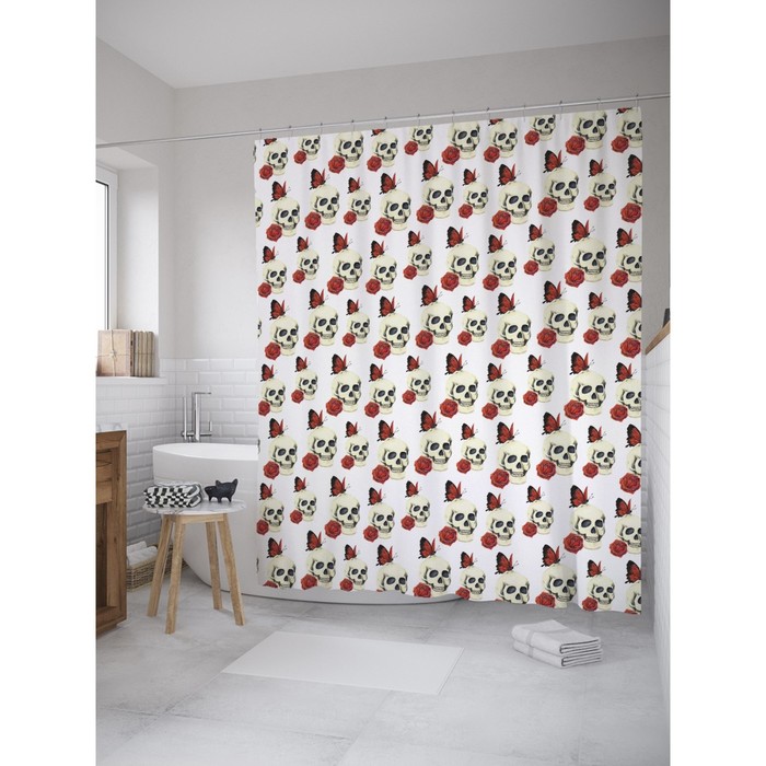 Фотоштора для ванной Magic Lady "Черепа с алыми розами", 180х200 см, п/э 100%