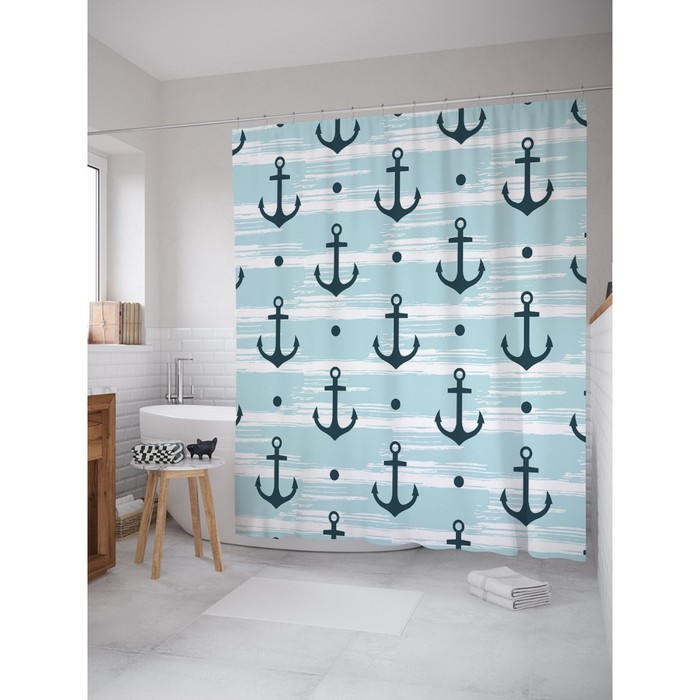 Фотоштора для ванной Magic Lady "Зелёные якоря", 180х200 см, п/э 100%