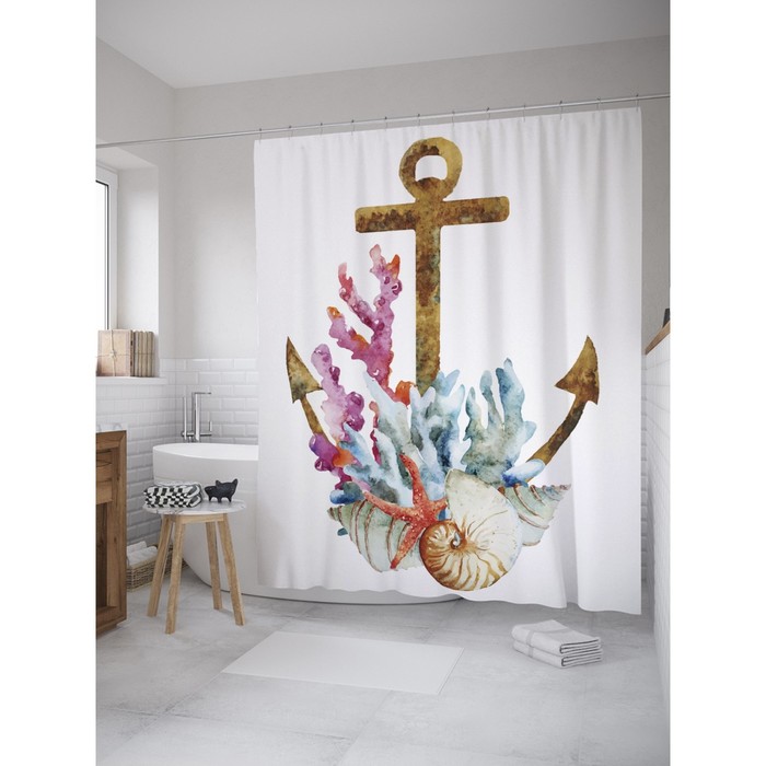 Фотоштора для ванной Magic Lady "Якорь, кораллы и ракушки", 180х200 см, п/э 100%
