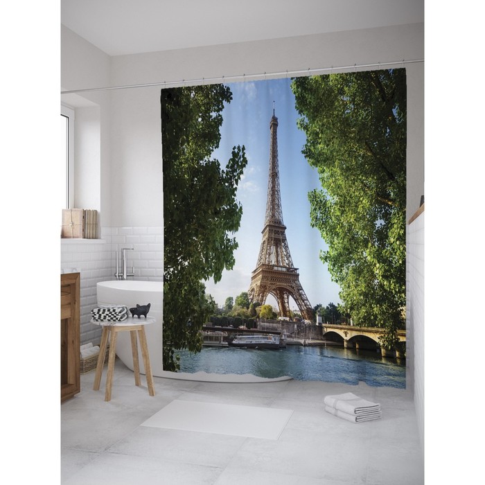 Фотоштора для ванной Magic Lady "Эйфелева башня среди деревьев", 180х200 см, п/э 100%