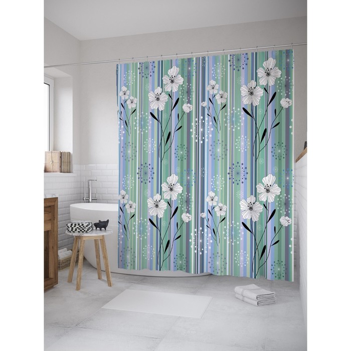 Фотоштора для ванной Magic Lady "Цветы и полоски", 180х200 см, п/э 100%