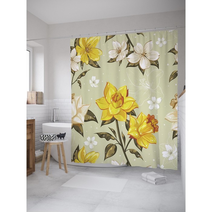 Фотоштора для ванной Magic Lady "Жёлтые нарциссы", 180х200 см, п/э 100%