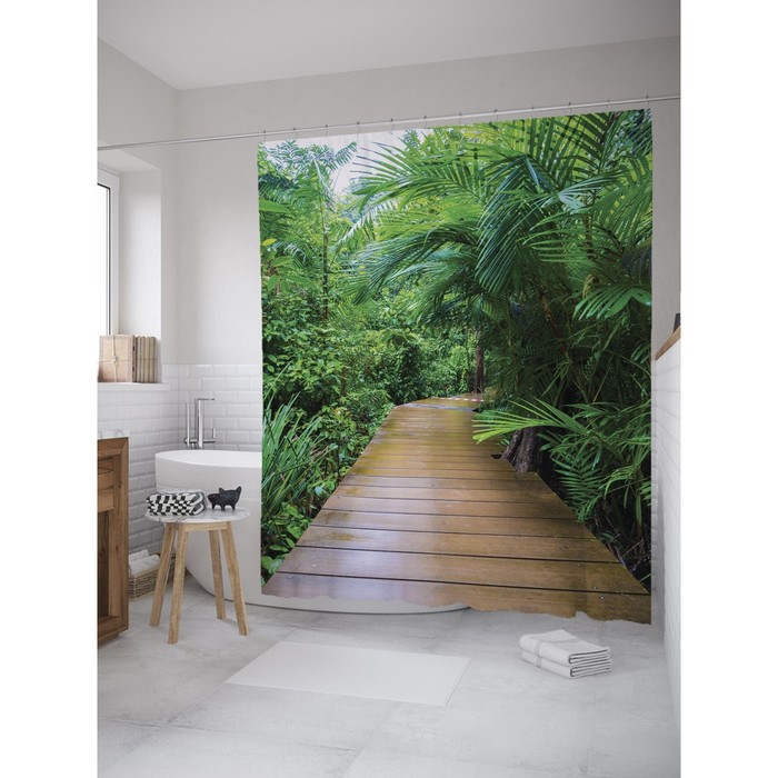 Фотоштора для ванной Magic Lady "Дорога среди тропических растений", 180х200 см, п/э 100%