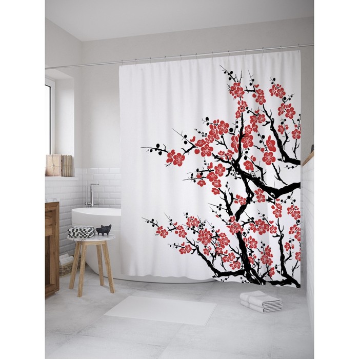 Фотоштора для ванной Magic Lady "Цветущая сакура", 180х200 см, п/э 100%