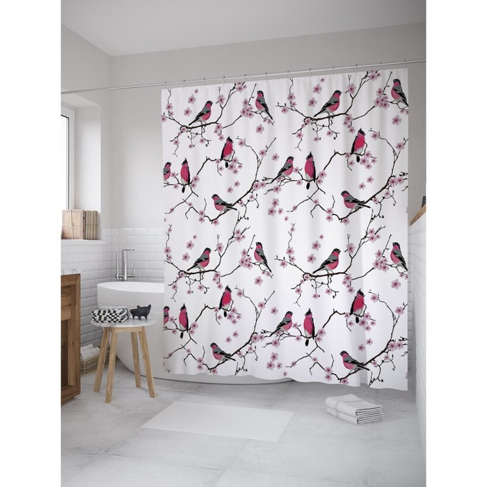 Фотоштора для ванной Magic Lady "Снегири и зяблики", 180х200 см, п/э 100%