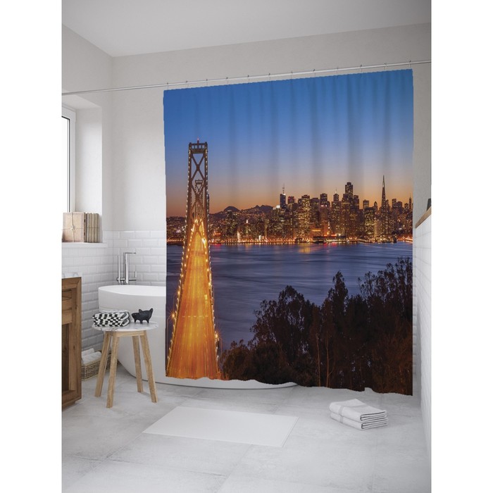 Фотоштора для ванной Magic Lady "Мост в ночном городе", 180х200 см, п/э 100%