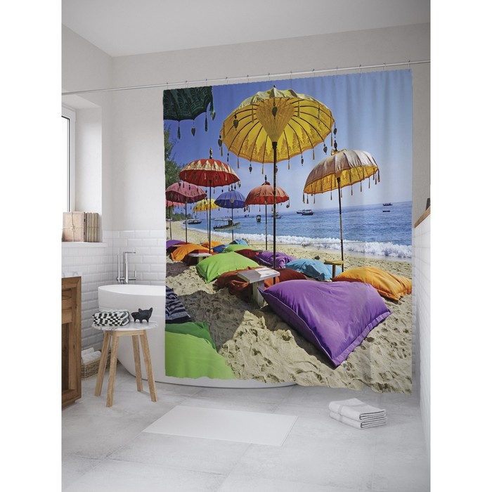 Фотоштора для ванной Magic Lady "Зонтики напляже", 180х200 см, п/э 100%
