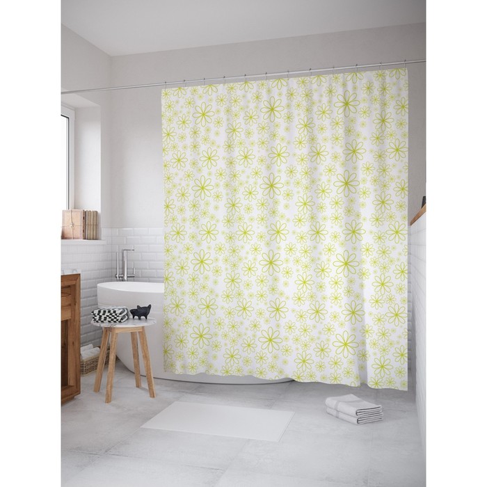 Фотоштора для ванной Magic Lady "Зелёные цветы", 180х200 см, п/э 100%