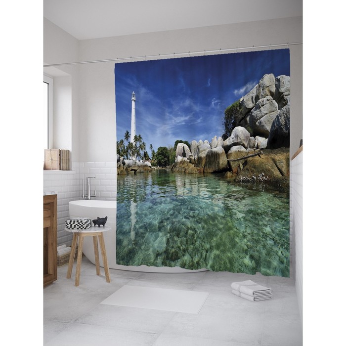 Фотоштора для ванной Magic Lady "Маяк над голубой водой", 180х200 см, п/э 100%