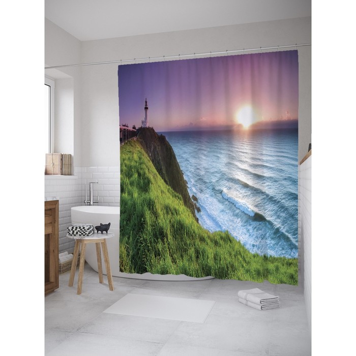 Фотоштора для ванной Magic Lady "Зелёный берег на закате", 180х200 см, п/э 100%