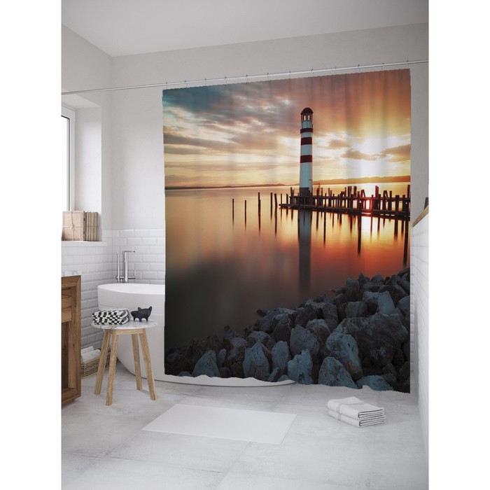 Фотоштора для ванной Magic Lady "Маяк на закате", 180х200 см, п/э 100%