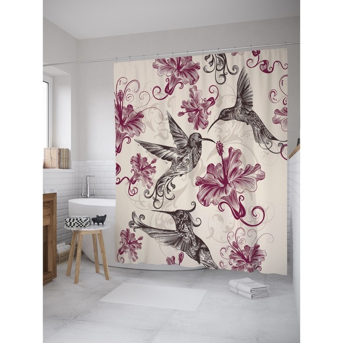 Фотоштора для ванной Magic Lady "Колибри в цветах гибискуса", 180х200 см, п/э 100%