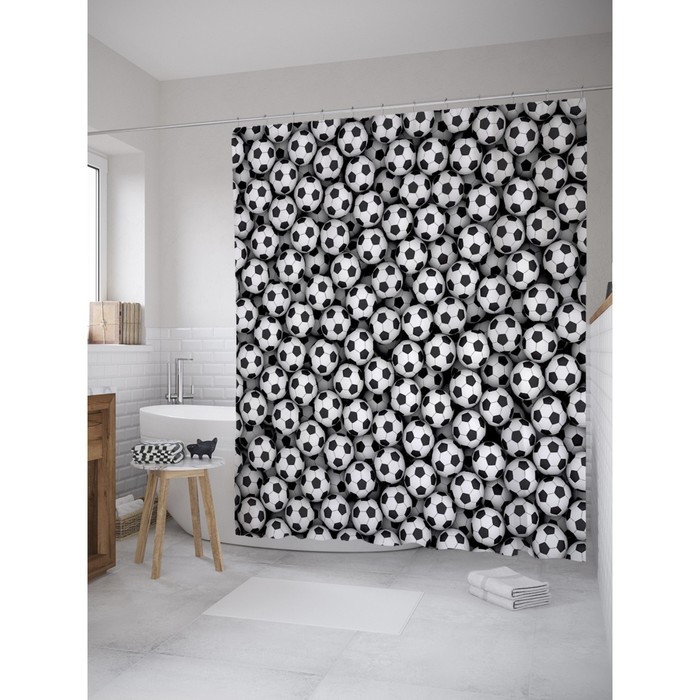 Фотоштора для ванной Magic Lady "Футбольные мячи", 180х200 см, п/э 100%