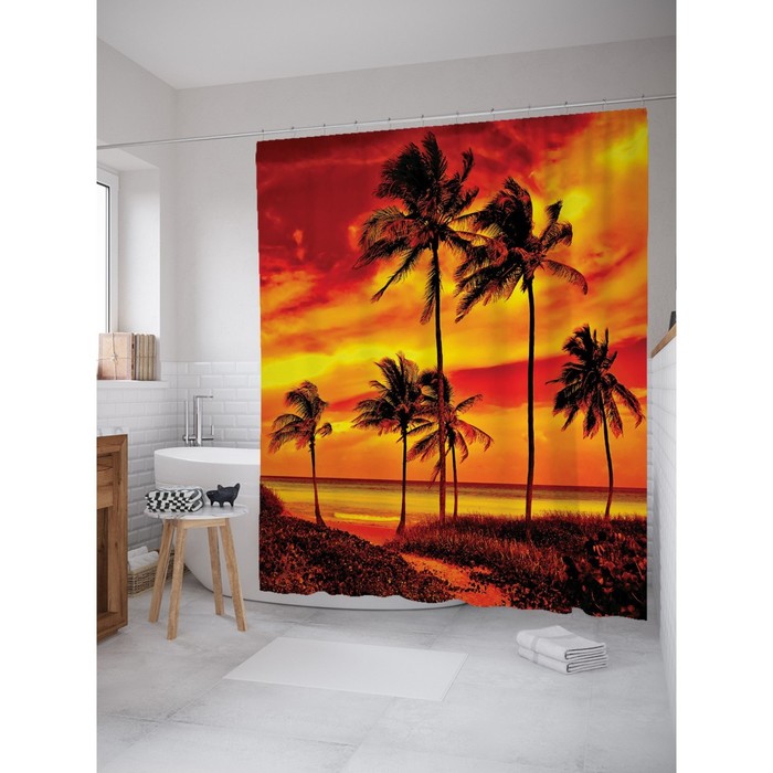 Фотоштора для ванной Magic Lady "Алый закат на пляже", 180х200 см, п/э 100%