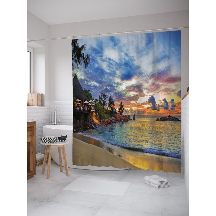 Фотоштора для ванной Magic Lady "Вечер в райском уголке", 180х200 см, п/э 100%