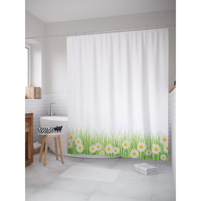 Фотоштора для ванной Magic Lady "Белые ромашки", 180х200 см, п/э 100%