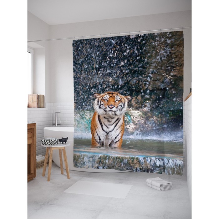 Фотоштора для ванной Magic Lady "Тигр в водоёме", 180х200 см, п/э 100%