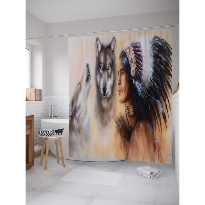 Фотоштора для ванной Magic Lady "Индеец с волками", 180х200 см, п/э 100%