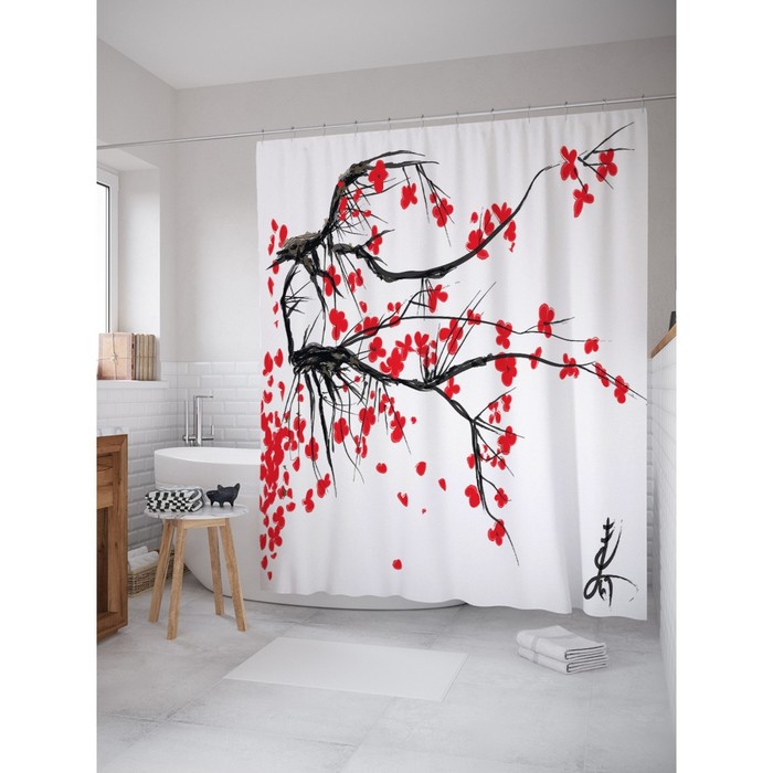 Фотоштора для ванной Magic Lady "Алые цветы на чёрных ветвях", 180х200 см, п/э 100%