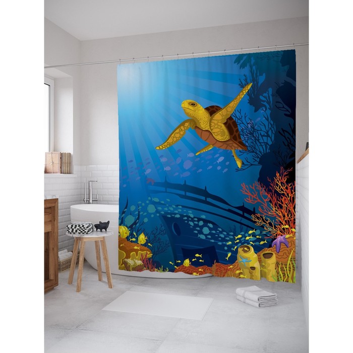 Фотоштора для ванной Magic Lady "Черепаха и обломки корабля", 180х200 см, п/э 100%