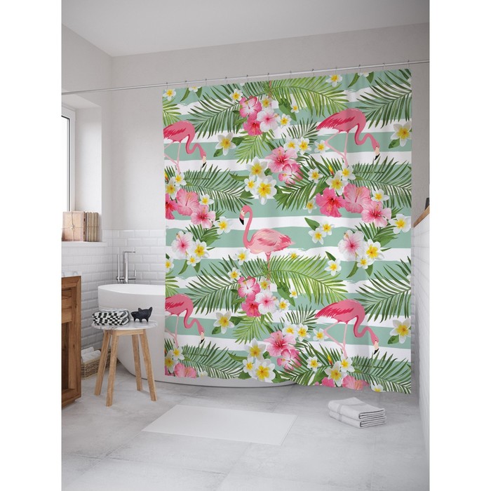 Фотоштора для ванной Magic Lady "Фламинго среди листьев и цветов", 180х200 см, п/э 100%