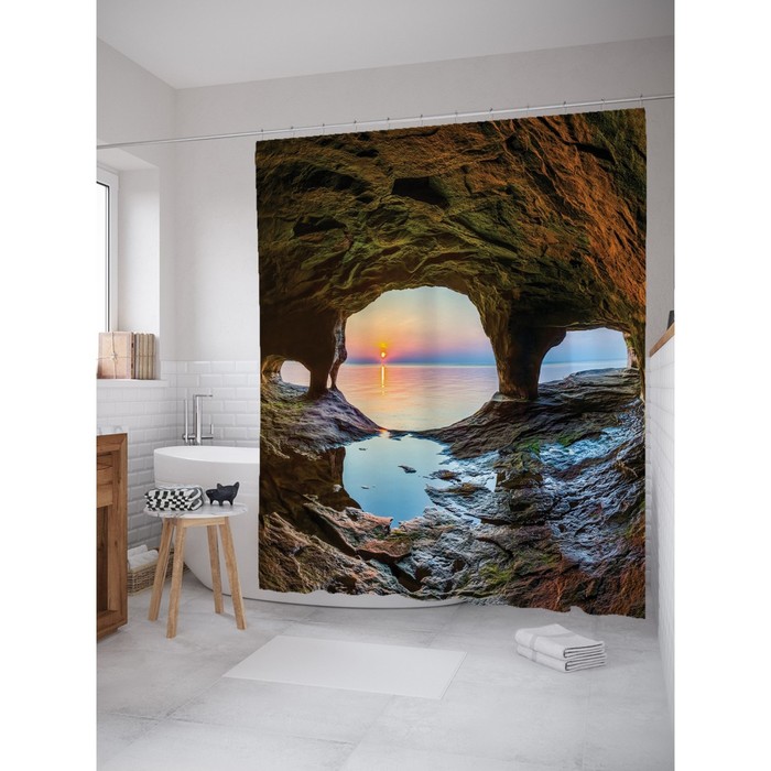 Фотоштора для ванной Magic Lady "Рассвет в пещере у воды", 180х200 см, п/э 100%