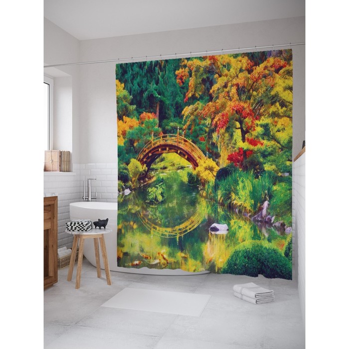 Фотоштора для ванной Magic Lady "Мостик в осеннем парке", 180х200 см, п/э 100%