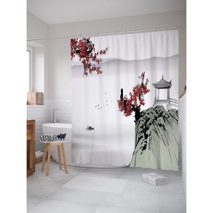 Фотоштора для ванной Magic Lady "Сакура и беседка на горе", 180х200 см, п/э 100%