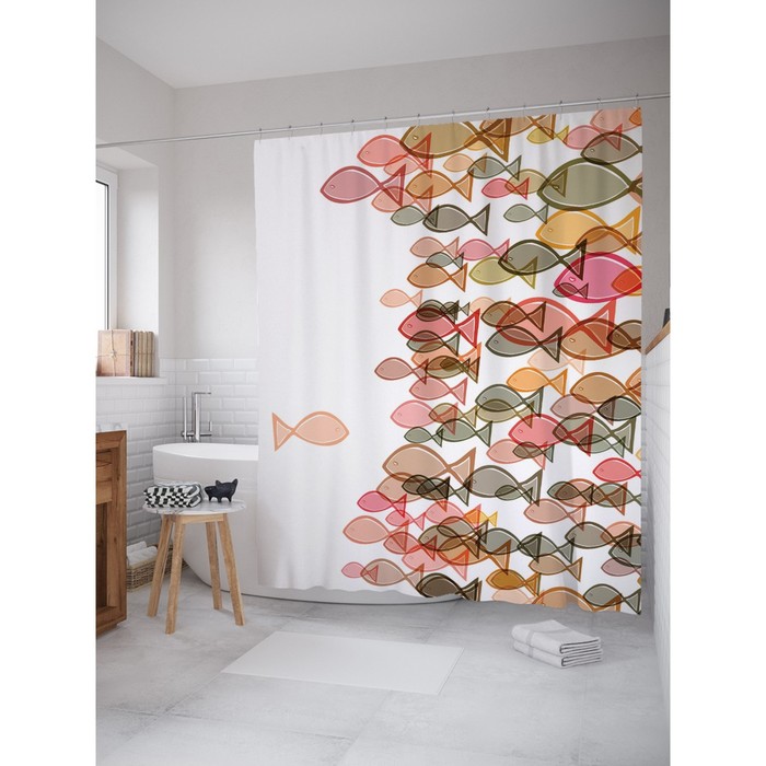 Фотоштора для ванной Magic Lady "Стая разноцветных рыб", 180х200 см, п/э 100%