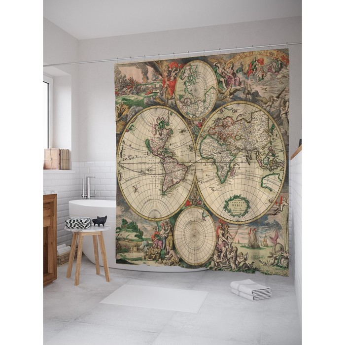 Фотоштора для ванной Magic Lady «Полушарие мира на карте», 180х200 см, п/э 100%